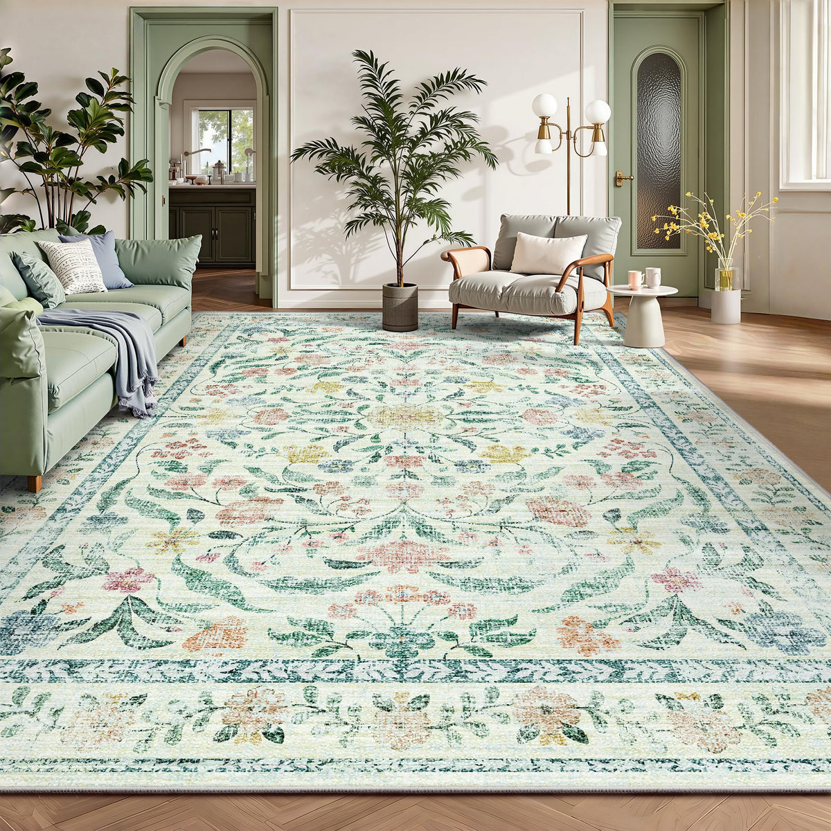8x10 Area Rugs, Machine Washable Low Pile Floral Rugs for Living Room, Bedroom, Large Boho Area Rug with Non-Slip Backing for Dining Room(Pink Floral)
