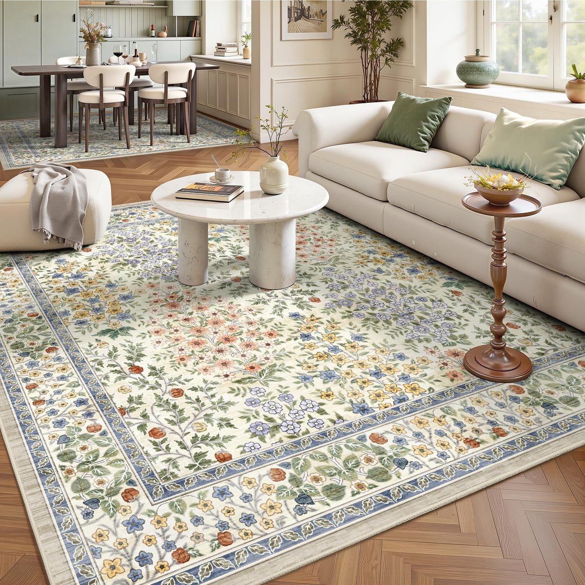 8x10 Area Rugs, Machine Washable Low Pile Floral Rugs for Living Room, Bedroom, Large Boho Area Rug with Non-Slip Backing for Dining Room(Pink Floral)