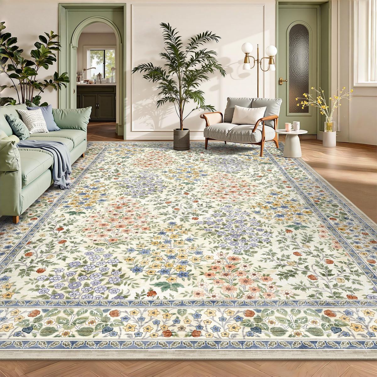 8x10 Area Rugs, Machine Washable Low Pile Floral Rugs for Living Room, Bedroom, Large Boho Area Rug with Non-Slip Backing for Dining Room(Pink Floral)