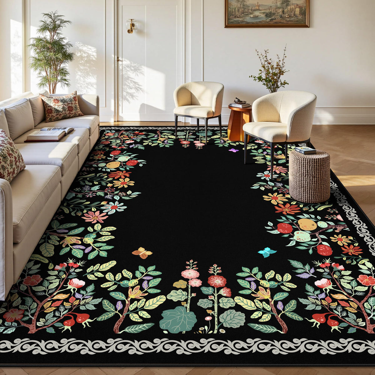8x10 Area Rugs, Machine Washable Low Pile Floral Rugs for Living Room, Bedroom, Large Boho Area Rug with Non-Slip Backing for Dining Room(Pink Floral)