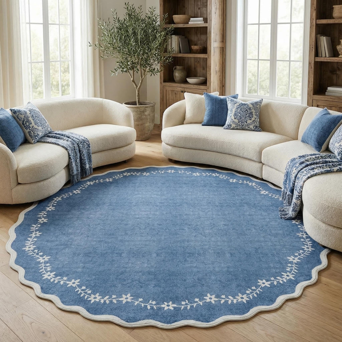 GarveeHome 5x7 Scalloped Area Rug Jute Washable Bedroom Living Room Rug