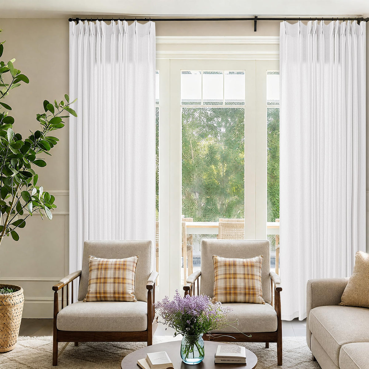 105 Inch Extra Long Curtains Linen Pinch Pleated Cream Semi Sheer
