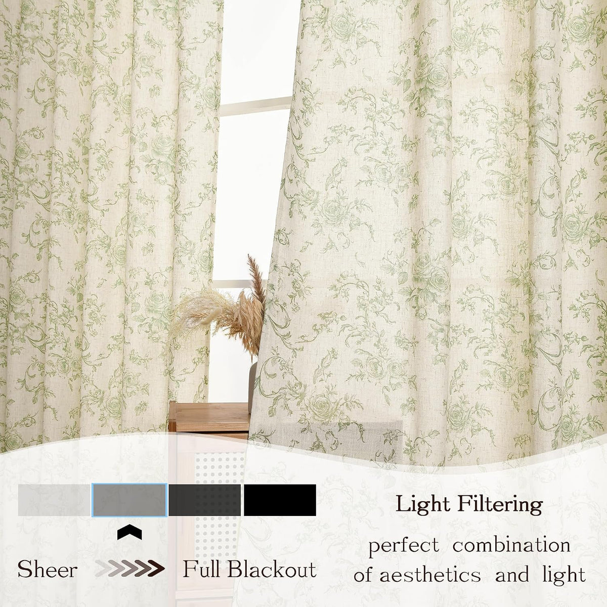 XWZO Linen Floral Curtains Green Flower Patterned Curtains for Living Room