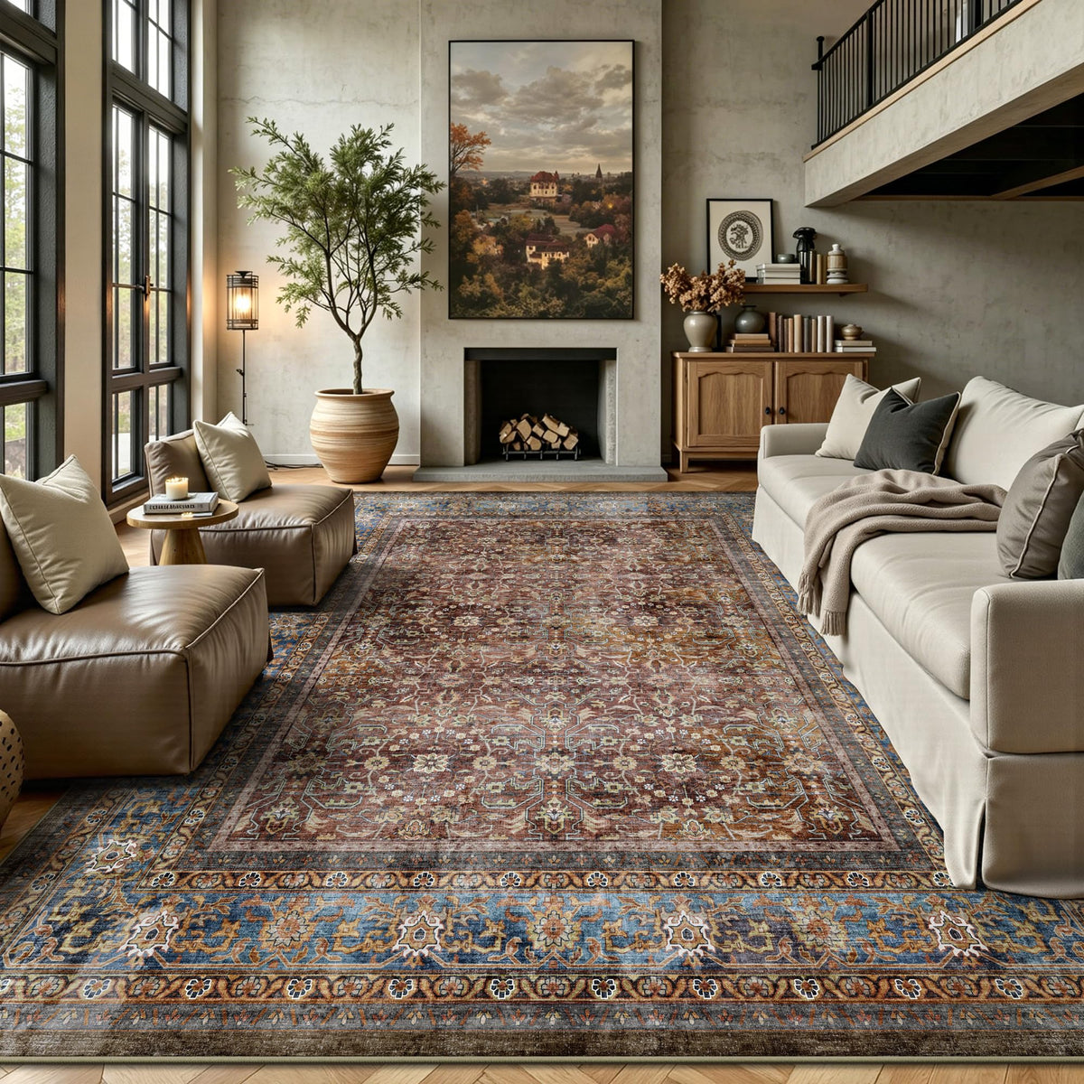 8x10 Area Rugs for Living Room - Washable Vintage Retro Large Rug, Soft Ultra Thin Non Slip Low Pile Traditional Distressed Boho Carpet for Bedroom Dining Room Home Office, Rust Clay