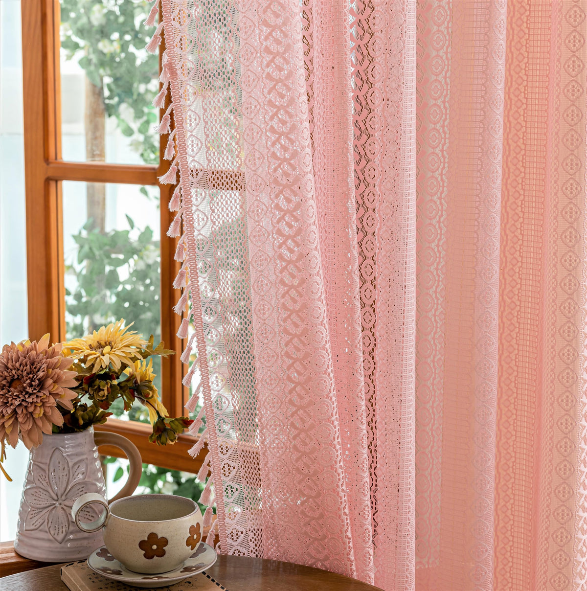 Sutuo Home Terracotta Boho Lace Curtains 2 Panels 84 Inches Long for Living Room&Bedroom, Burnt Orange Crochet Privacy Farmhouse Vintage Tassels Retro Halloween Window Sheer Curtains Rod Pocket,50" W