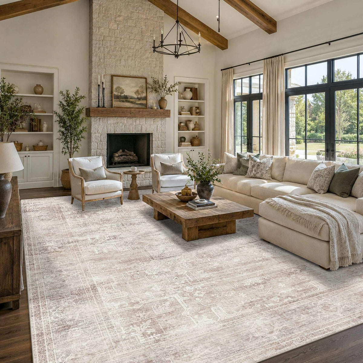 8x10 Washable Boho Area Rug, Dark Beige Farmhouse for Living Room