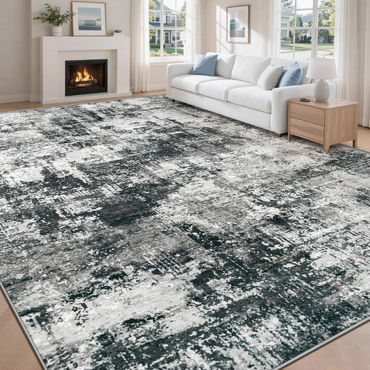 MXSANYOO 8x10 Area Rugs Washable Rug: Abstract Neutral Rugs Modern Non Slip Area Rug Stain Resistant Low Pile Indoor Carpet for Dining Room Bedroom Nursery Office (Black Grey, 8'x10')