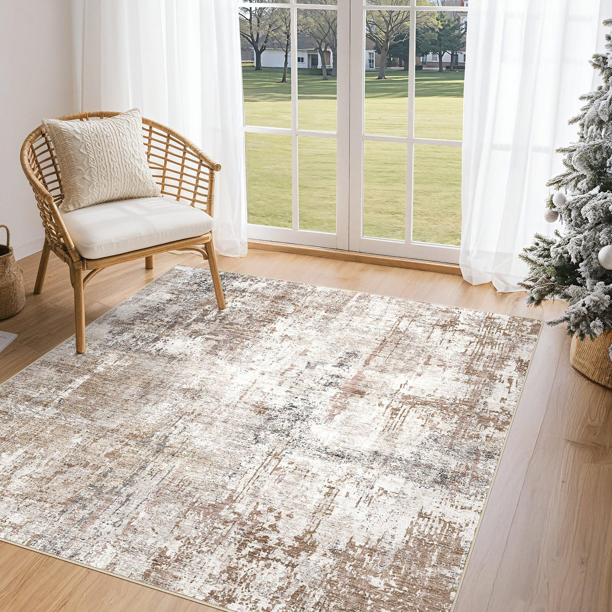 UERMEI 8x10 Area Rug Living Room Rugs - Washable Neutral Modern Abstract Soft Thin Large Rug Indoor Floor No Slip Rug Carpet for Bedroom Under Dining Table Home Office Decor - Brown Grey