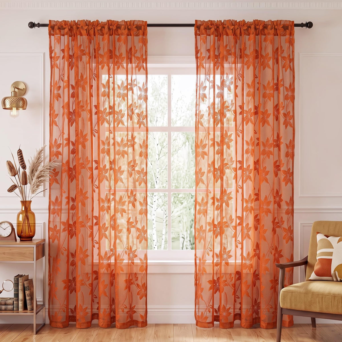 DWCN White Sheer Curtains - Short Curtains Floral Lace Design Rod Pocket Window Voile Sheer Drapes for Bedroom Kitchen Small Window 42 x 54 inch Length, 2 Panels White