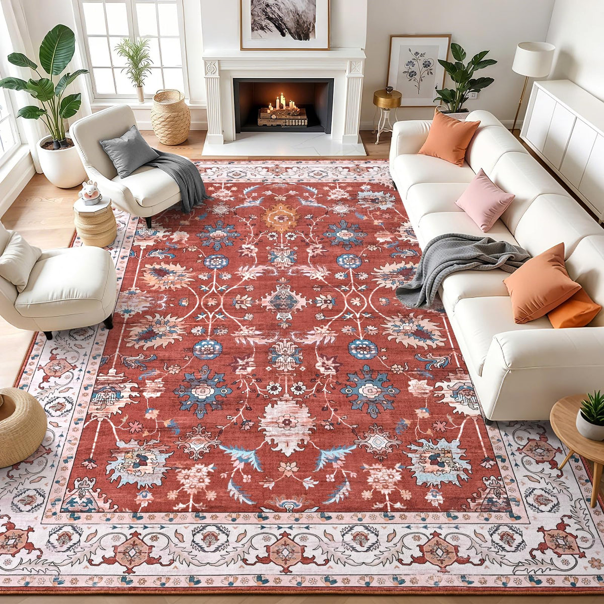 Hanples 5x7 Area Rugs for Living Room, Washable Rug Vintage Floral, Beige