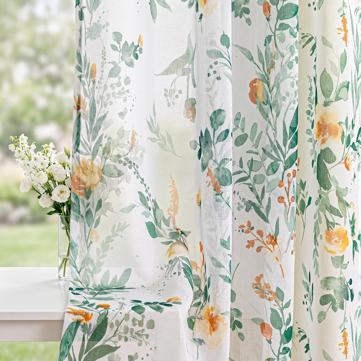 MYSKY HOME Yellow and Blue Sheer Floral Curtains 84 Inch Length 2 Panels