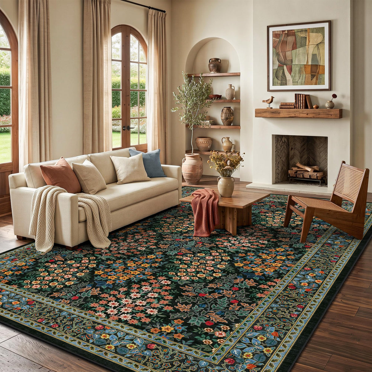 8x10 Area Rugs, Machine Washable Low Pile Floral Rugs for Living Room, Bedroom, Large Boho Area Rug with Non-Slip Backing for Dining Room(Pink Floral)