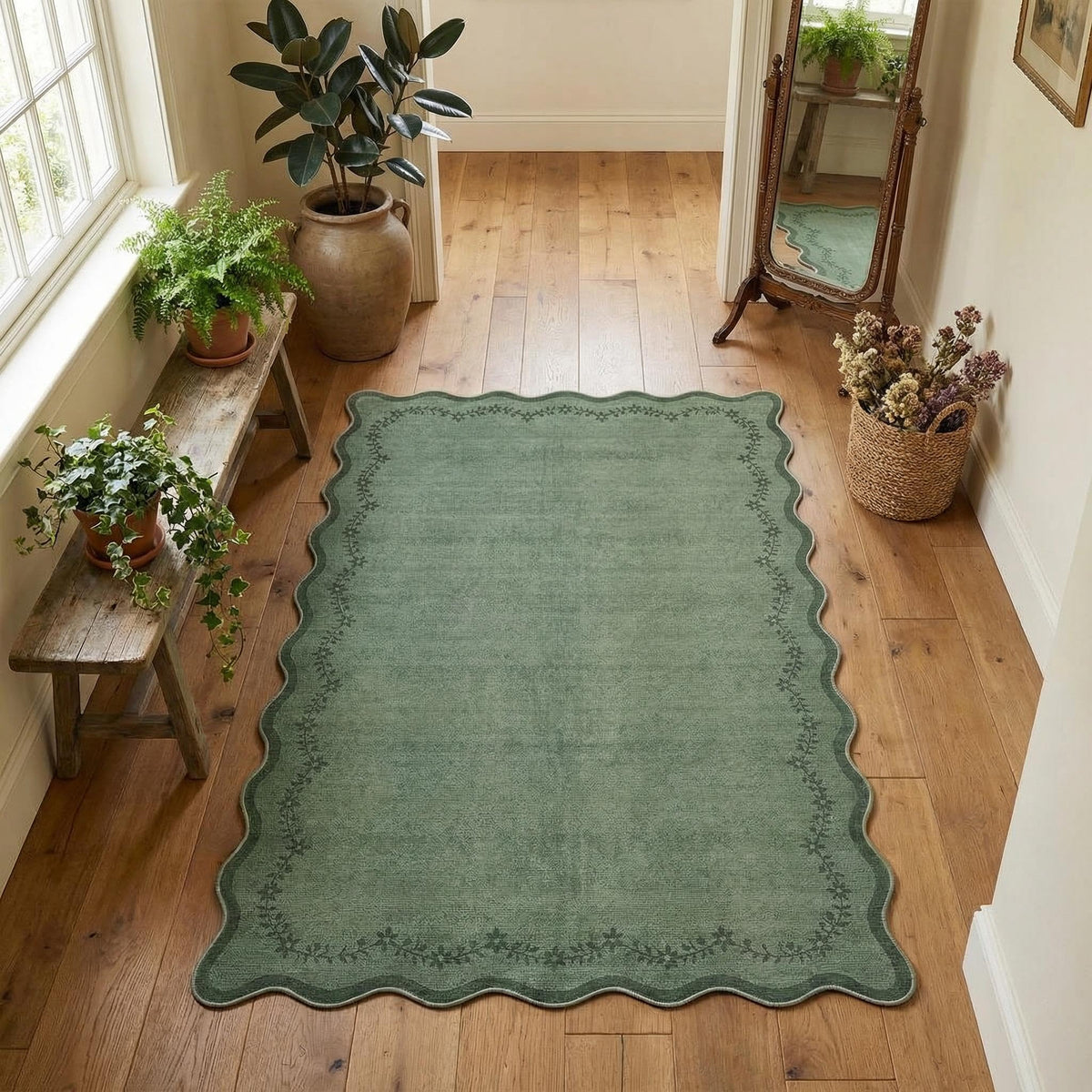 GarveeHome 5x7 Scalloped Area Rug Jute Washable Bedroom Living Room Rug