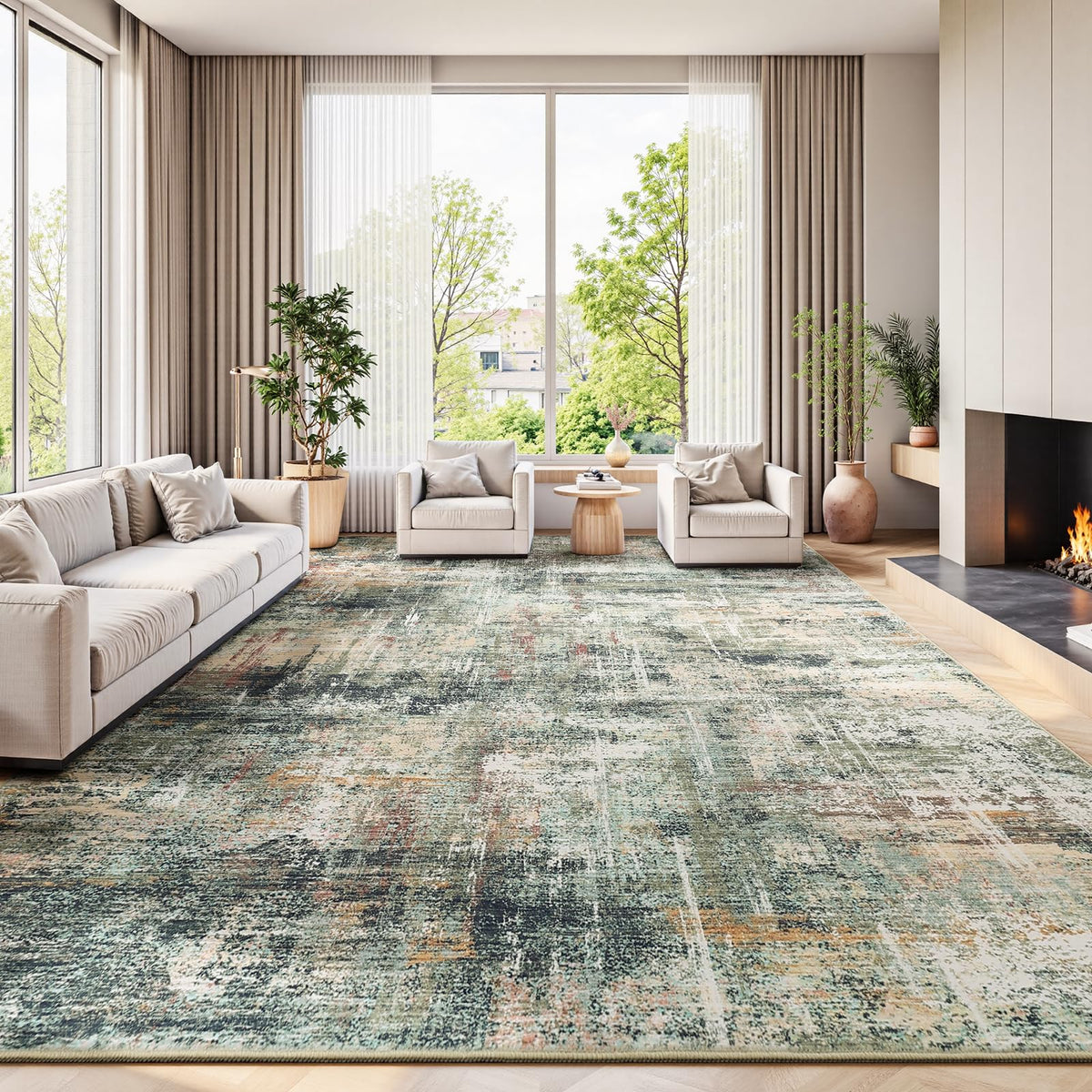 8x10 Area Rug for Living Room, Abstract Washable Non-Slip Large Rugs, Gold