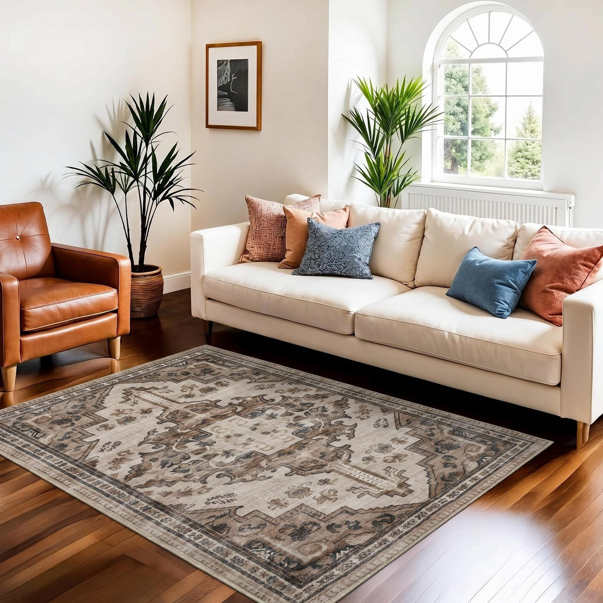 Joydeco Boho Washable Abstract Beige 5x7 Area Rugs for Living Room Bedroom