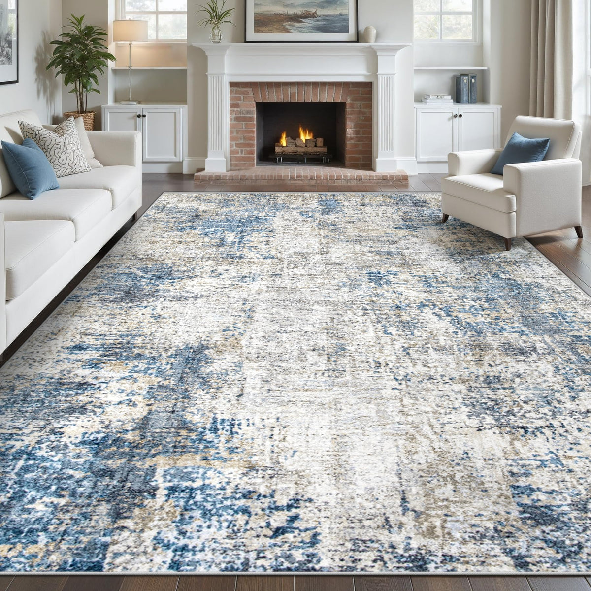 pmtsns Area Rugs 8x10 for Living Room: Washable Rug Modern Abstract Neutral Soft Non-Slip Low-Pile Indoor Large Carpet for Bedroom Dining Room Playroom Home Office (Blue Grey Brown, 8'x10')