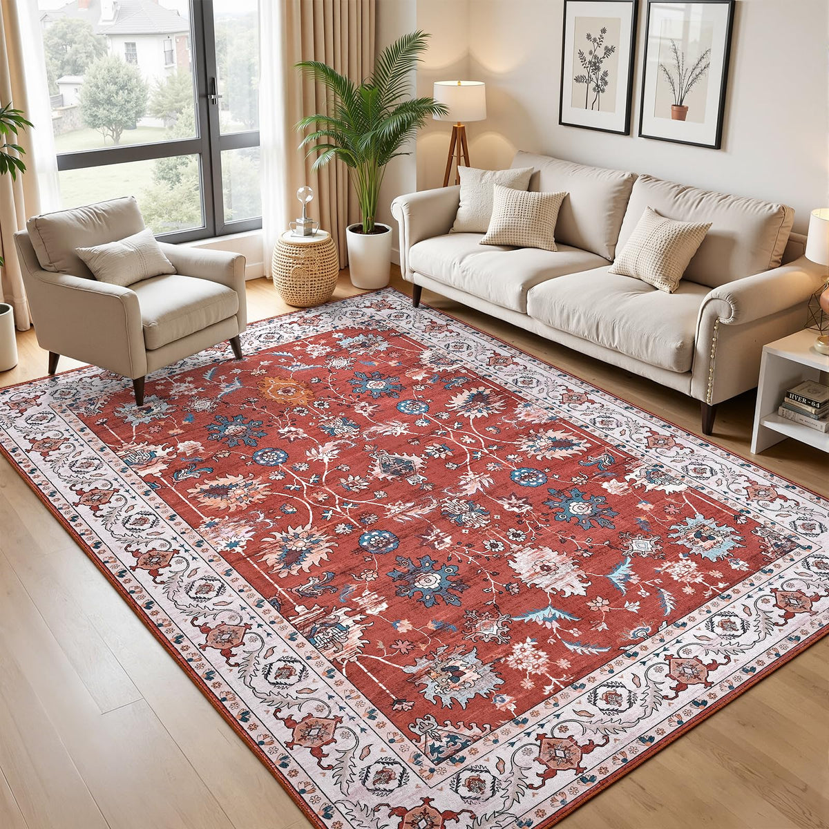 Hanples 5x7 Area Rugs for Living Room, Washable Rug Vintage Floral, Beige
