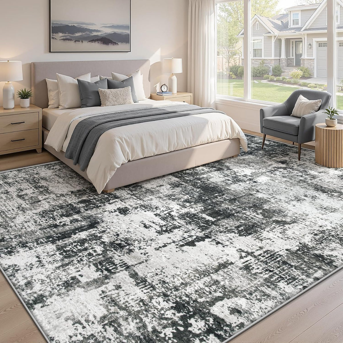 MXSANYOO 8x10 Area Rugs Washable Rug: Abstract Neutral Rugs Modern Non Slip Area Rug Stain Resistant Low Pile Indoor Carpet for Dining Room Bedroom Nursery Office (Black Grey, 8'x10')
