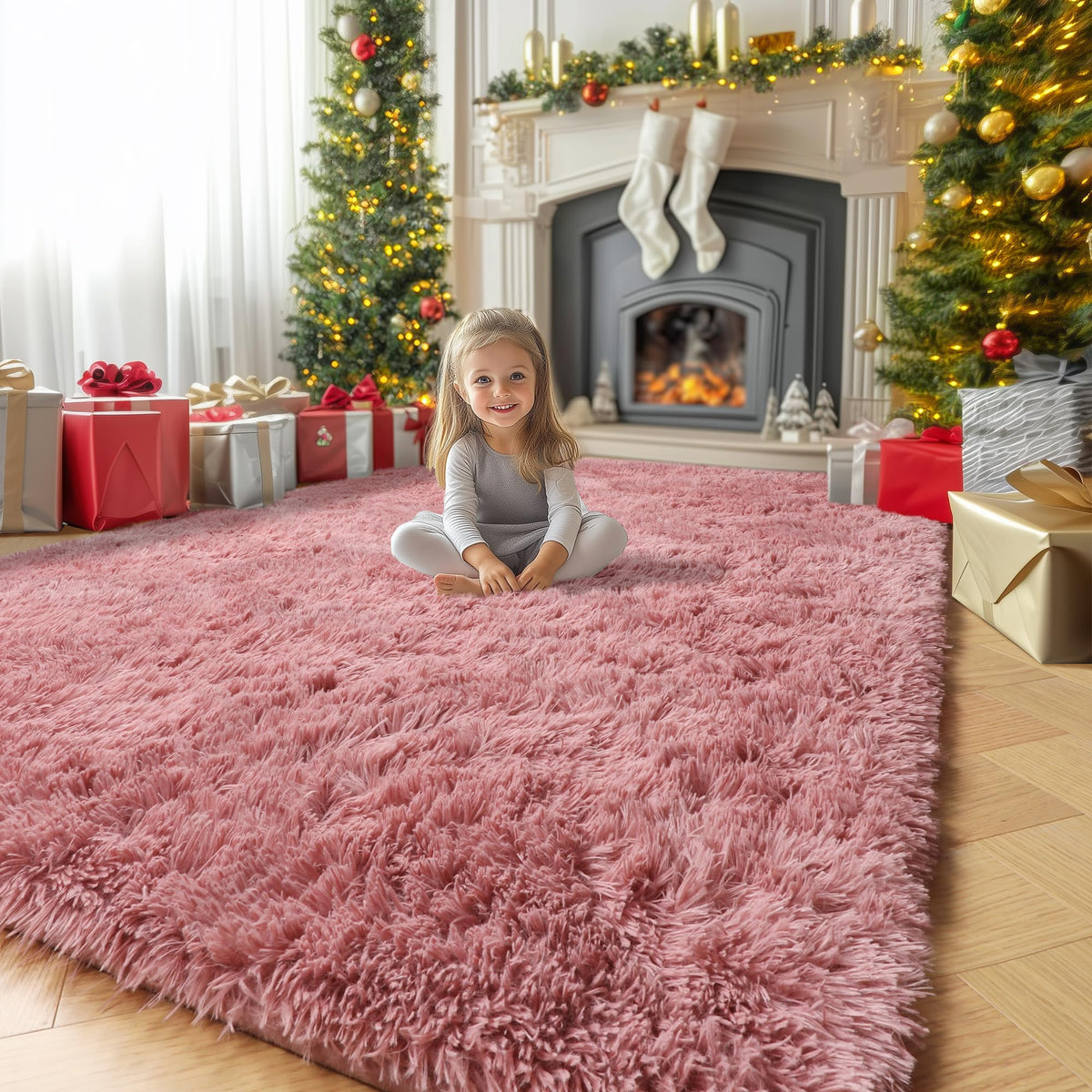 Amdrebio Light Pink Fluffy Fuzzy Area Rug 4x6 for Girls Bedroom Kids Room