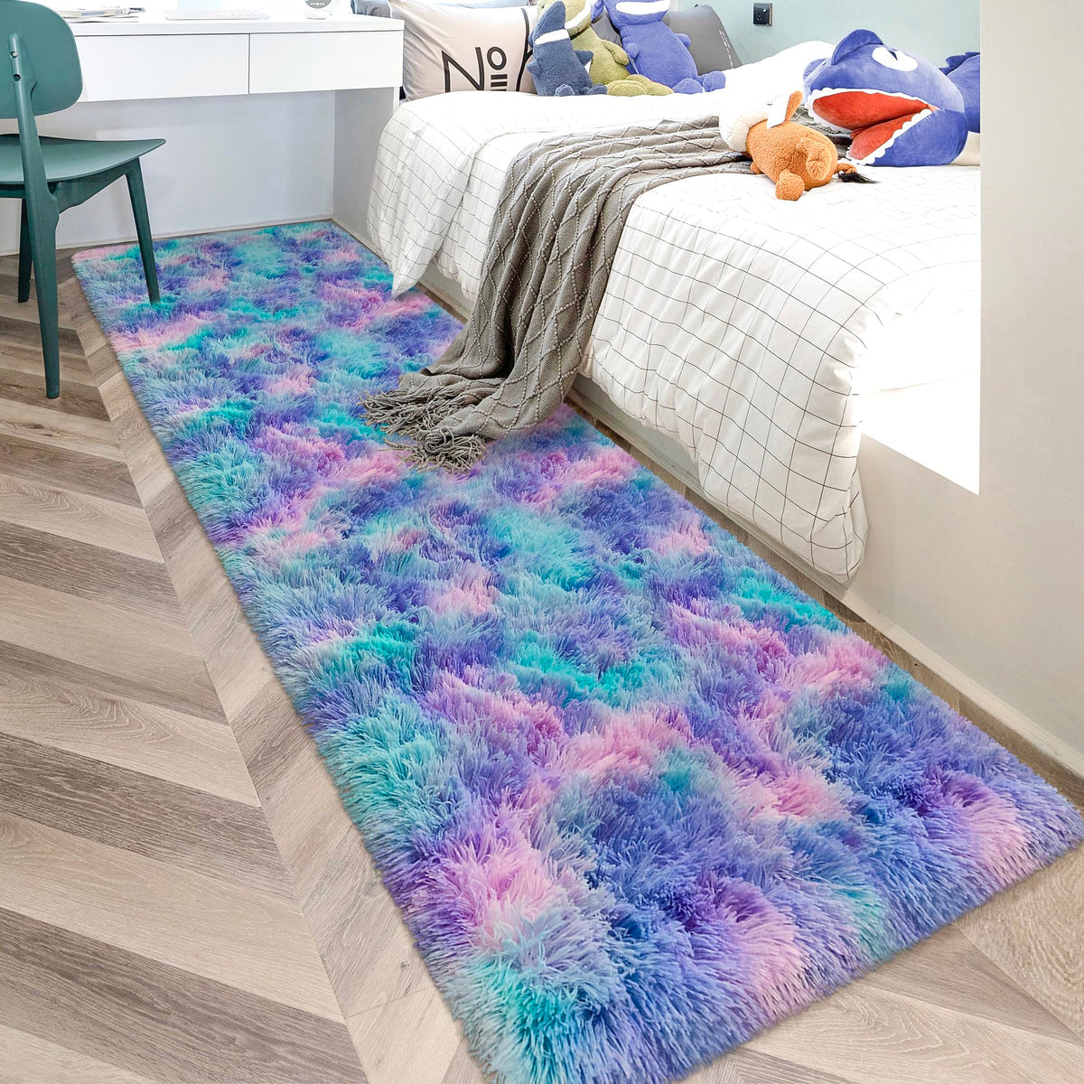 Tie-Dyed Runner Rug for Bedroom Black Grey 2x6ft Fluffy Area Rug Bedside Runner Rug for Kids Room Boys Teens Nursery Baby Living Room Dorm Home Decor Carpets
