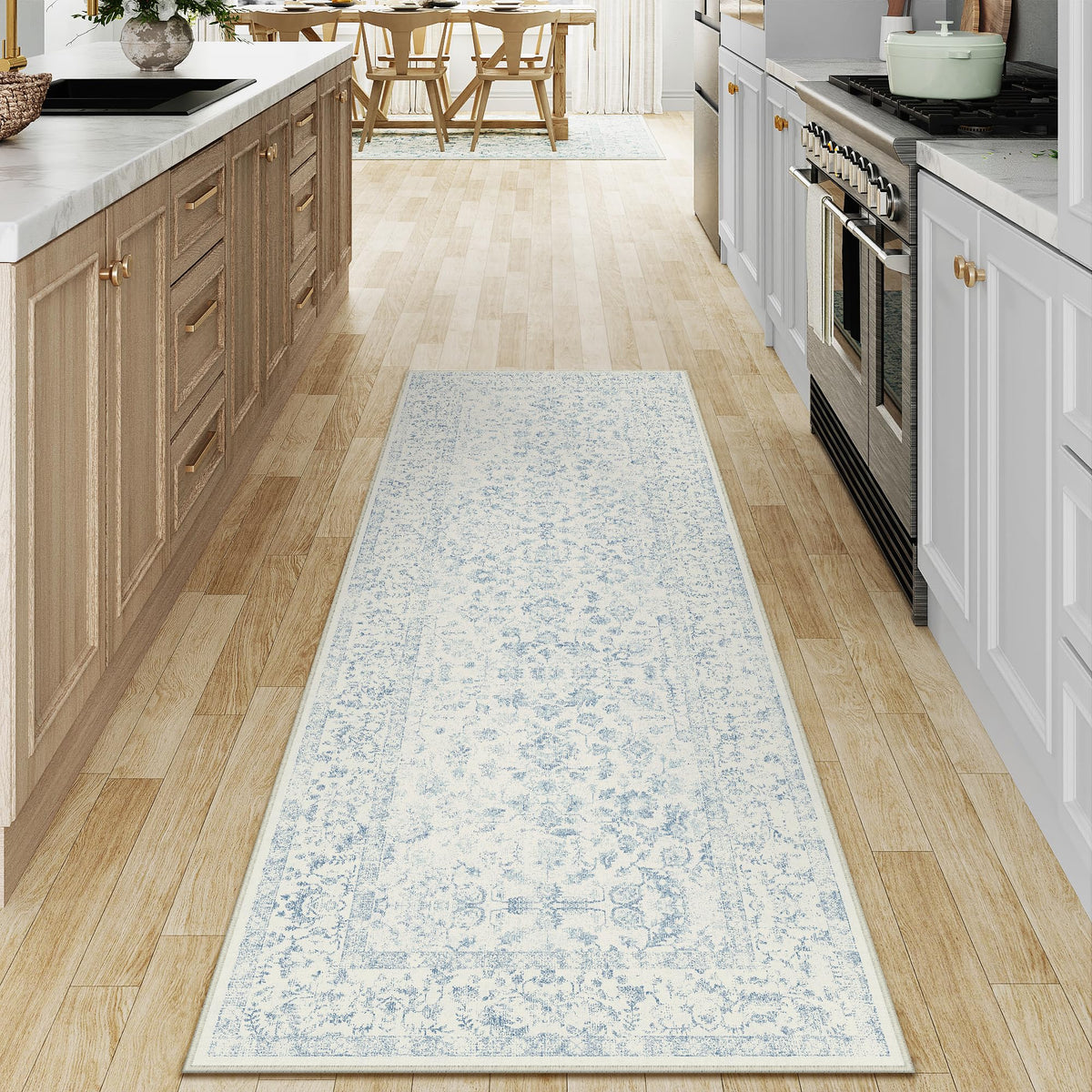 PureCozy 8x10 Blue Area Rug Washable Non Slip Large Vintage Living Room