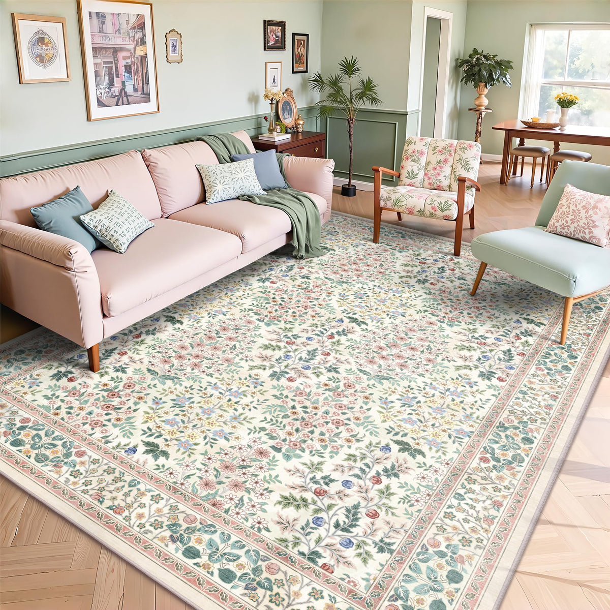 8x10 Area Rugs, Machine Washable Low Pile Floral Rugs for Living Room, Bedroom, Large Boho Area Rug with Non-Slip Backing for Dining Room(Pink Floral)