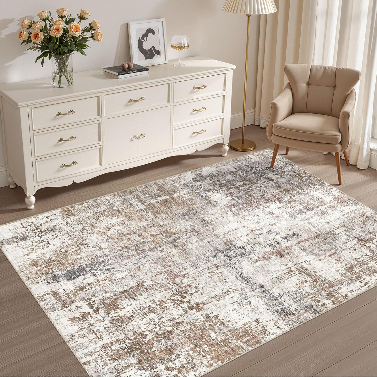 UERMEI 8x10 Area Rug Living Room Rugs - Washable Neutral Modern Abstract Soft Thin Large Rug Indoor Floor No Slip Rug Carpet for Bedroom Under Dining Table Home Office Decor - Brown Grey