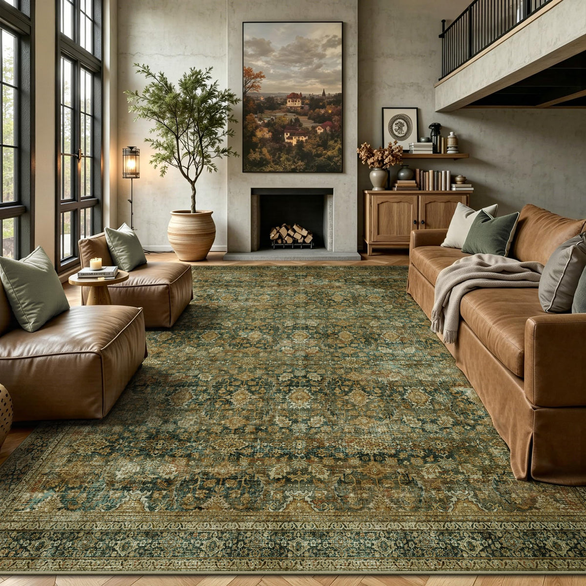 8x10 Area Rugs for Living Room - Washable Vintage Retro Large Rug, Soft Ultra Thin Non Slip Low Pile Traditional Distressed Boho Carpet for Bedroom Dining Room Home Office, Rust Clay