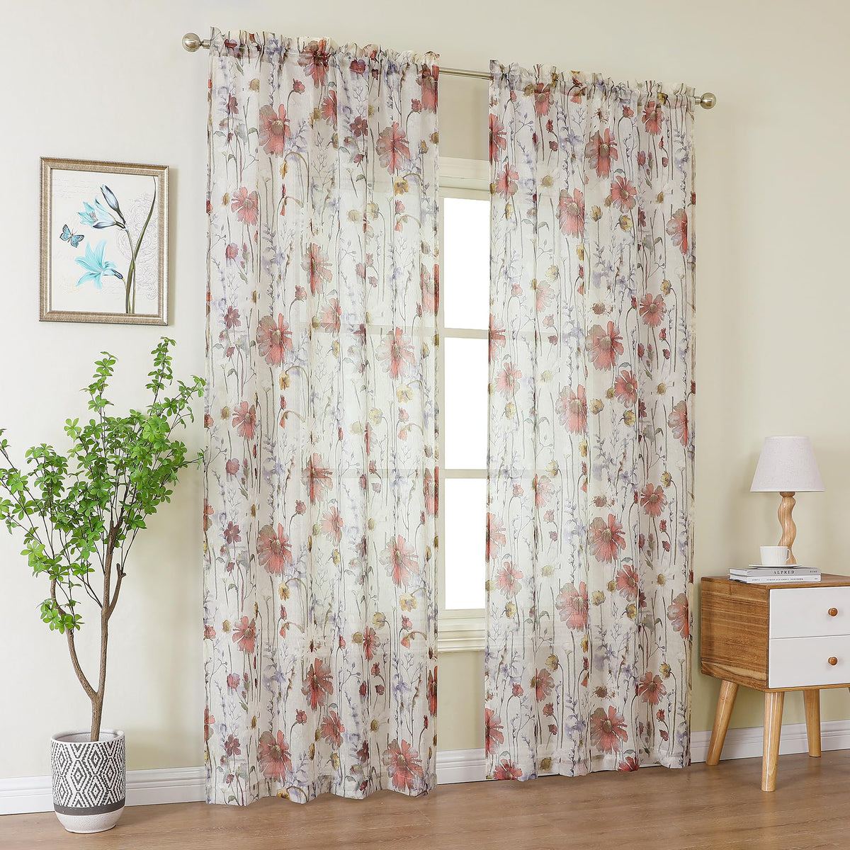 OWENIE Crushed Semi Sheer Curtains 72 Inches Length 2 Panels, Floral Pattern Design Rod Pocket Light Filtering Farmhouse Curtains for Bedroom Living Room, 2 Pieces Total 84 Inch Wide, 72 inch Long