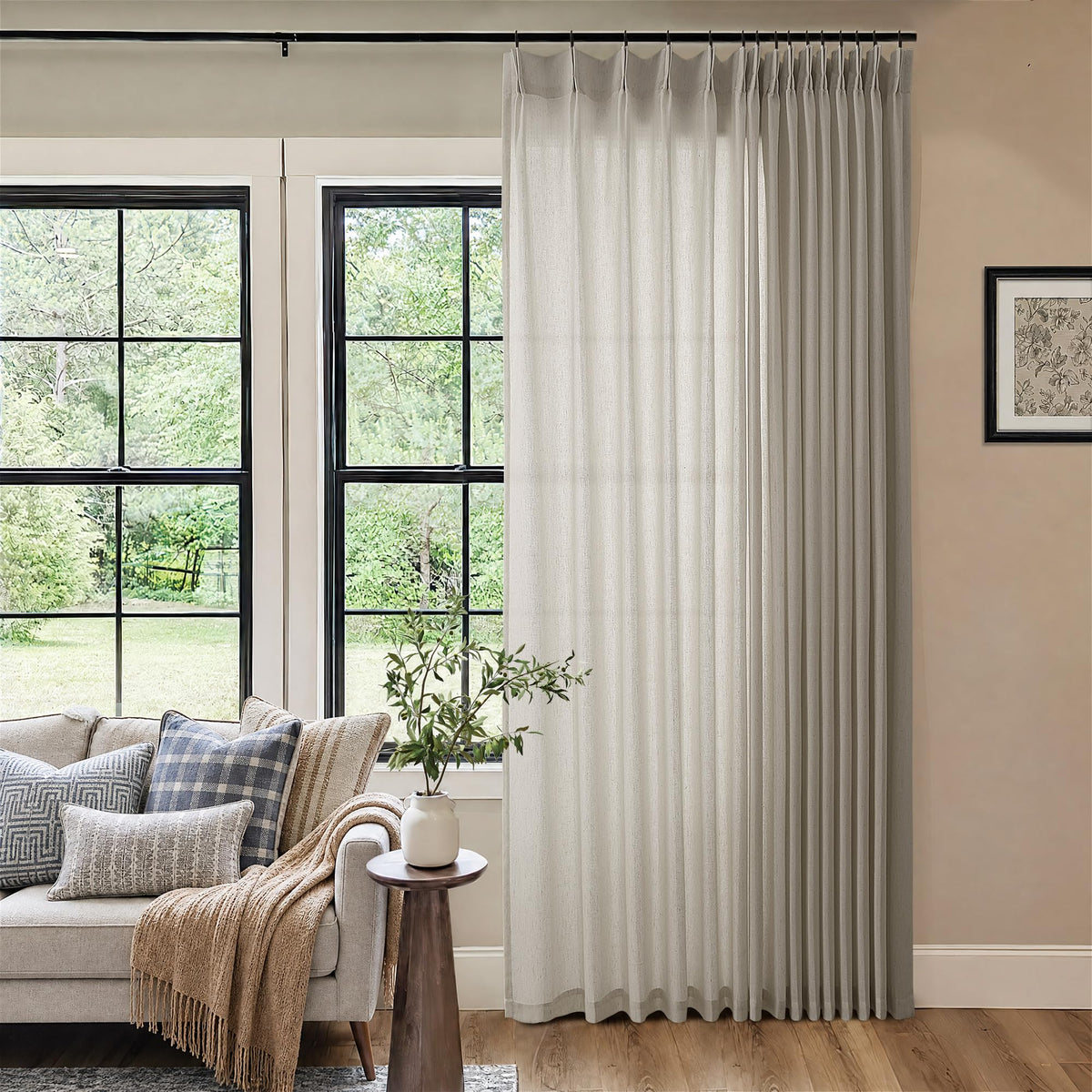 105 Inch Extra Long Curtains Linen Pinch Pleated Cream Semi Sheer