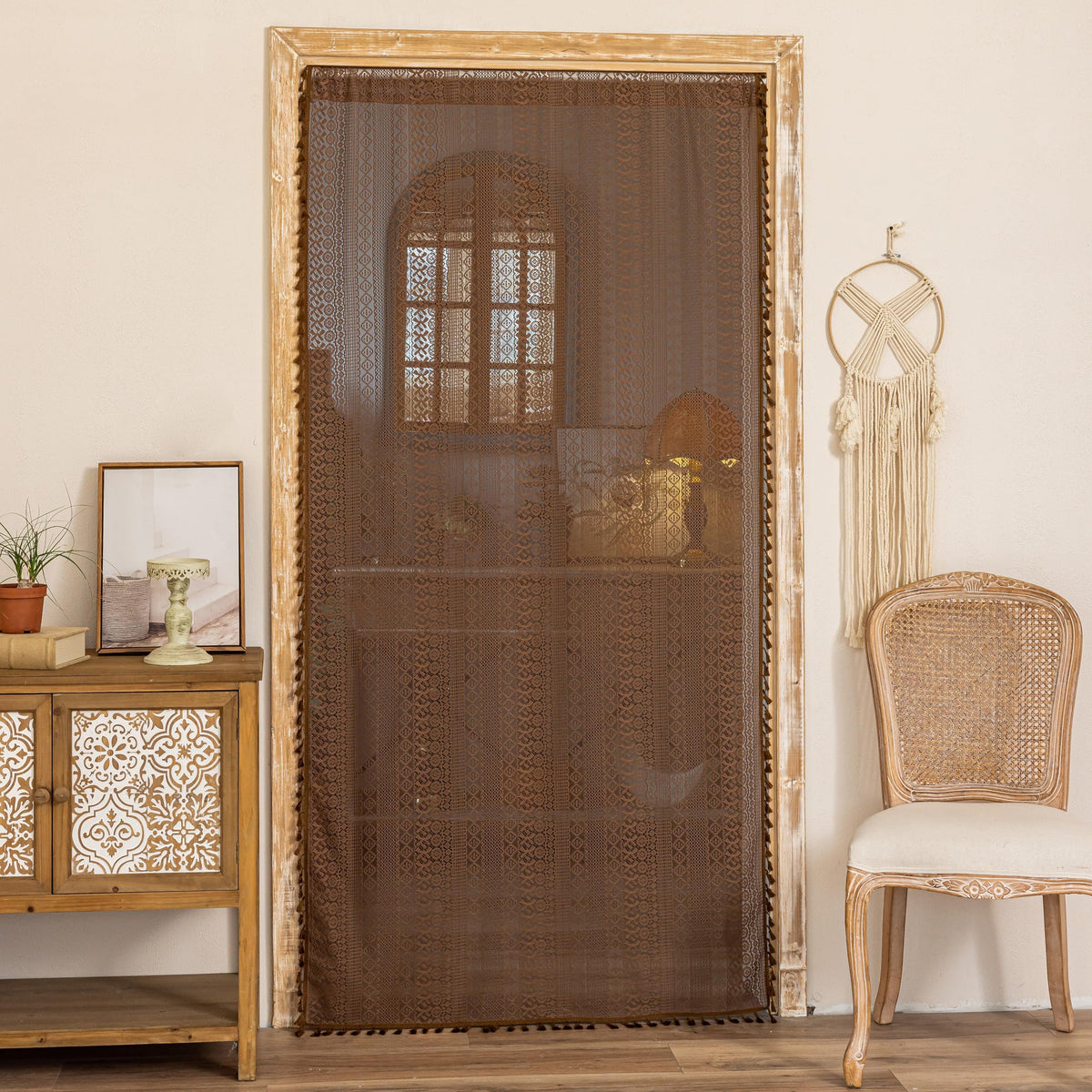 Sutuo Home Terracotta Boho Lace Curtains 2 Panels 84 Inches Long for Living Room&Bedroom, Burnt Orange Crochet Privacy Farmhouse Vintage Tassels Retro Halloween Window Sheer Curtains Rod Pocket,50" W