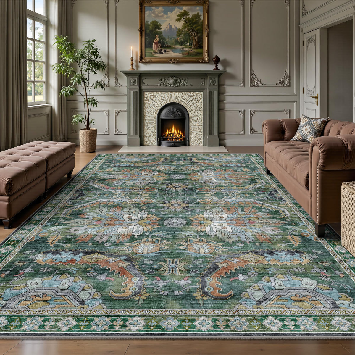 8x10 Area Rugs for Living Room - Washable Vintage Retro Large Rug, Soft Ultra Thin Non Slip Low Pile Traditional Distressed Boho Carpet for Bedroom Dining Room Home Office, Rust Clay