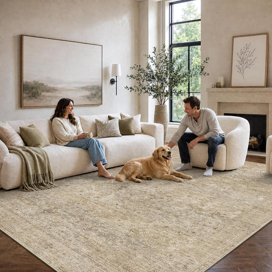 8x10 Washable Boho Area Rug, Dark Beige Farmhouse for Living Room