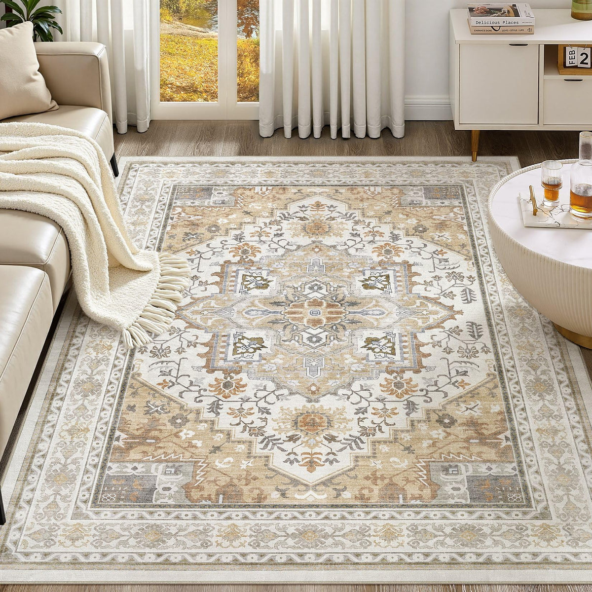 UERMEI 8x10 Area Rug Living Room Rugs - Washable Neutral Modern Abstract Soft Thin Large Rug Indoor Floor No Slip Rug Carpet for Bedroom Under Dining Table Home Office Decor - Brown Grey