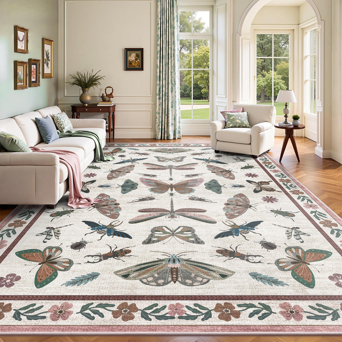 8x10 Area Rugs, Machine Washable Low Pile Floral Rugs for Living Room, Bedroom, Large Boho Area Rug with Non-Slip Backing for Dining Room(Pink Floral)