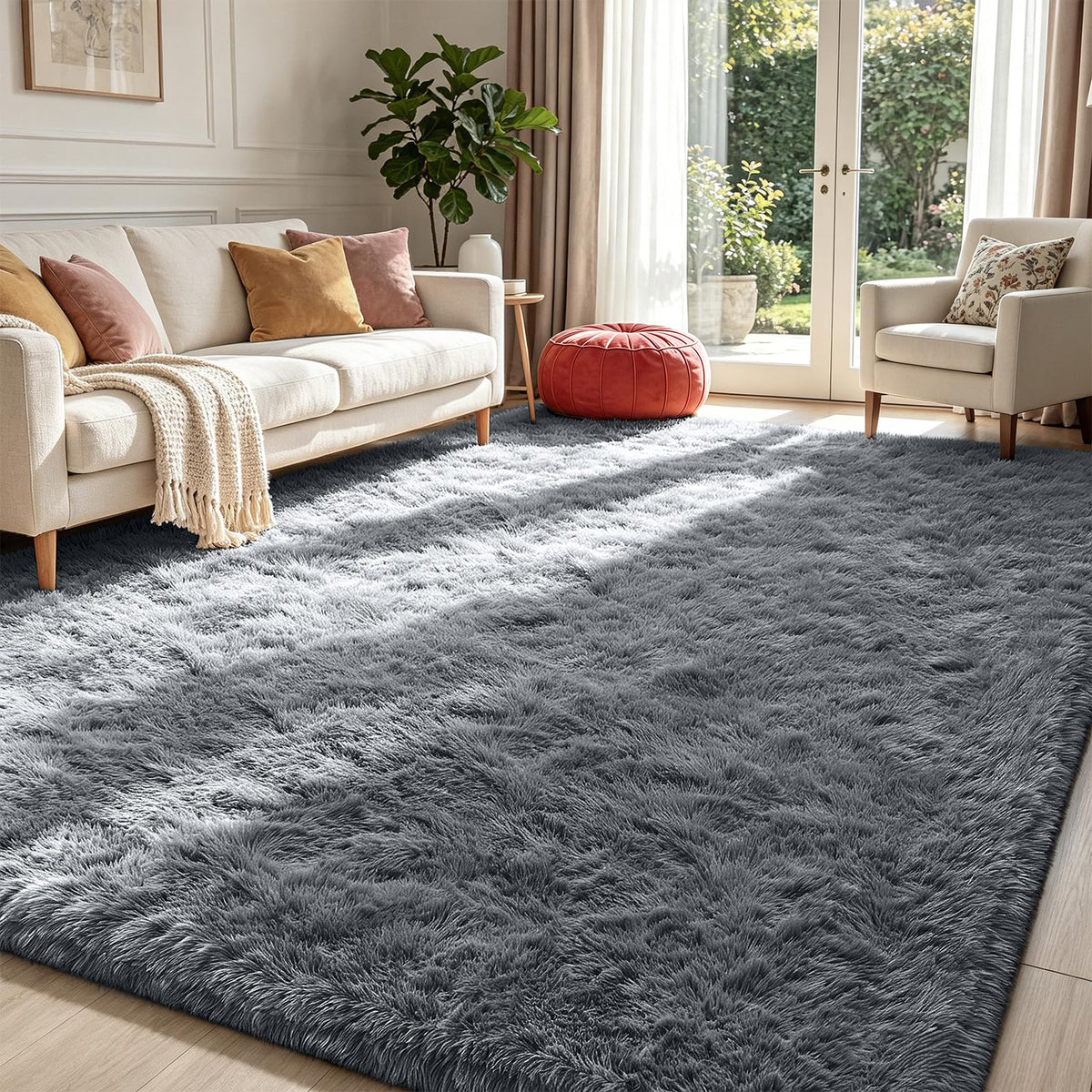 Beige 8x10 Area Rugs for Living Room, Fluffy Shag Rug Large Bedroom Carpet