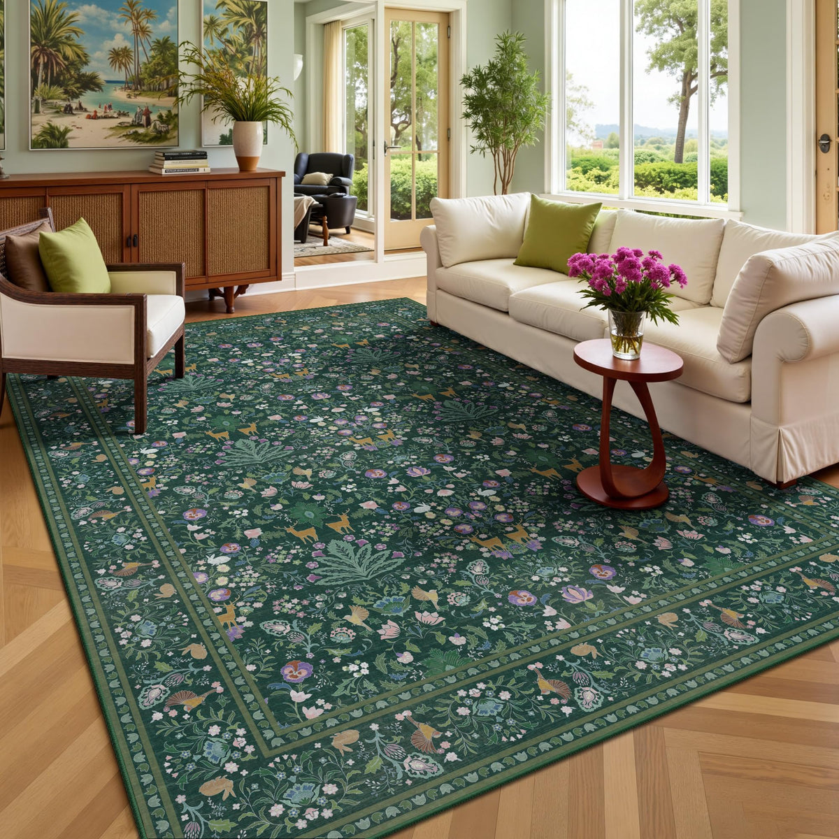 8x10 Area Rugs, Machine Washable Low Pile Floral Rugs for Living Room, Bedroom, Large Boho Area Rug with Non-Slip Backing for Dining Room(Pink Floral)