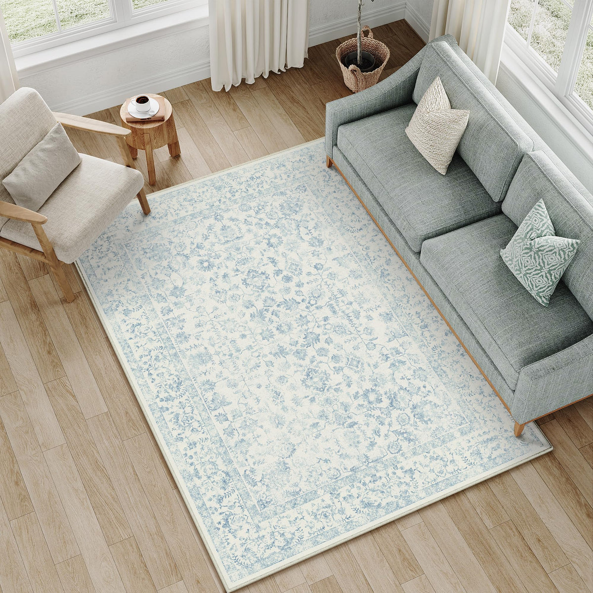PureCozy 8x10 Blue Area Rug Washable Non Slip Large Vintage Living Room