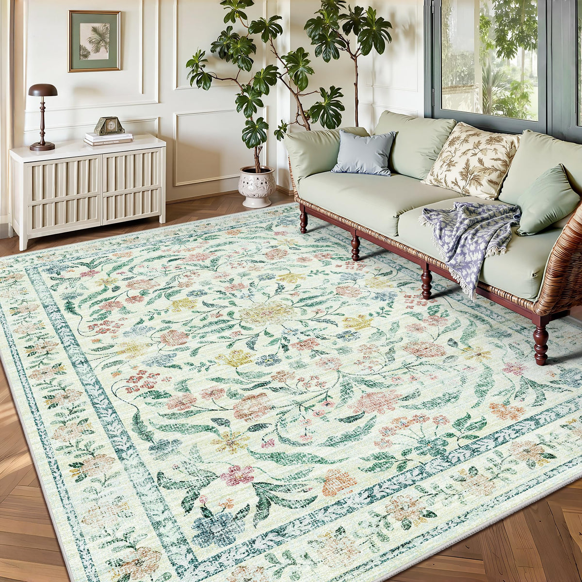 8x10 Area Rugs, Machine Washable Low Pile Floral Rugs for Living Room, Bedroom, Large Boho Area Rug with Non-Slip Backing for Dining Room(Pink Floral)