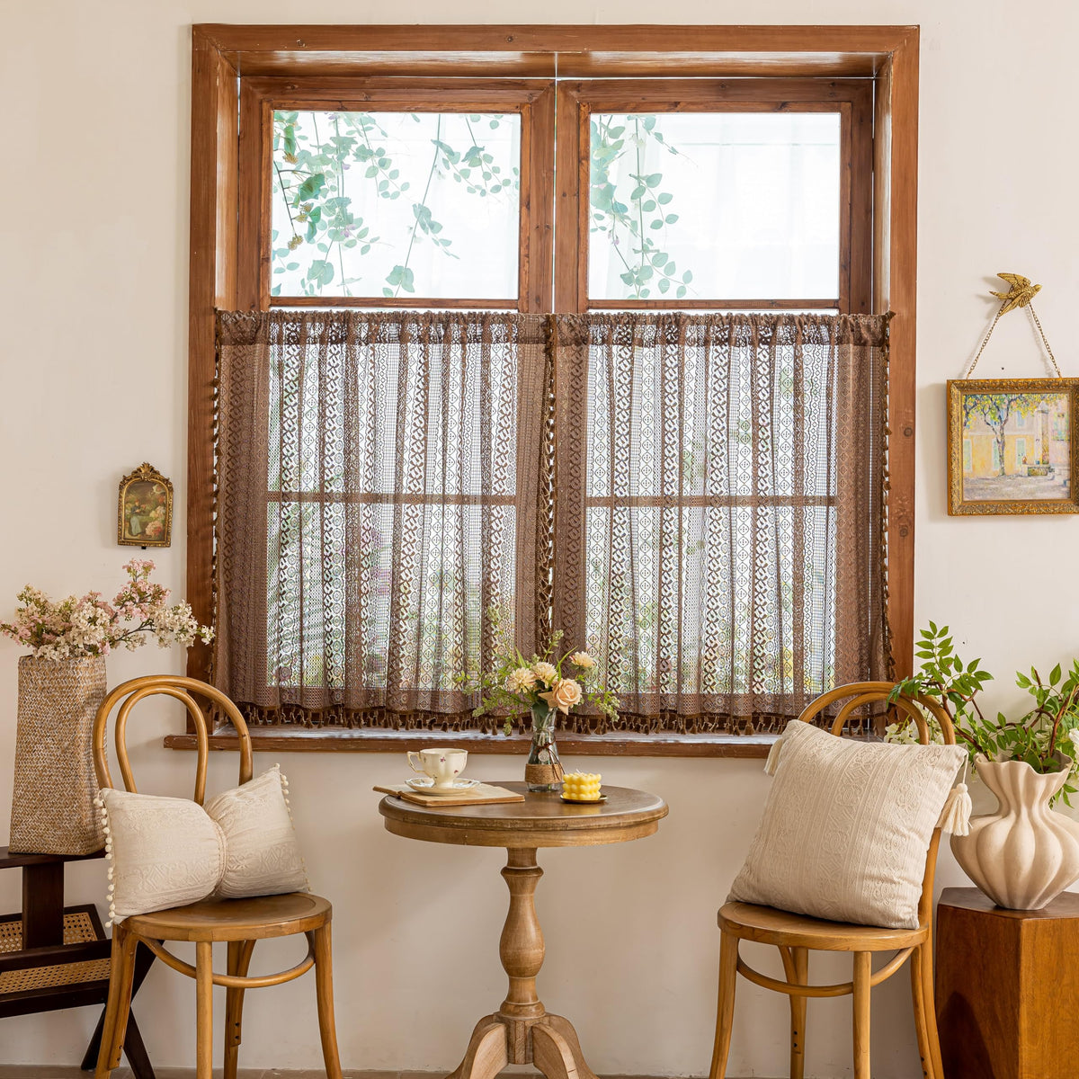 Sutuo Home Terracotta Boho Lace Curtains 2 Panels 84 Inches Long for Living Room&Bedroom, Burnt Orange Crochet Privacy Farmhouse Vintage Tassels Retro Halloween Window Sheer Curtains Rod Pocket,50" W