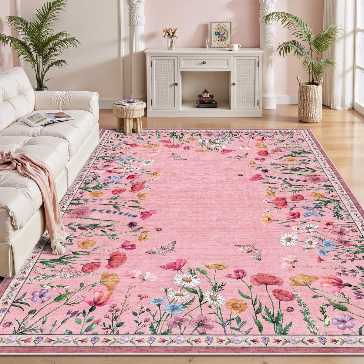 8x10 Area Rugs, Machine Washable Low Pile Floral Rugs for Living Room, Bedroom, Large Boho Area Rug with Non-Slip Backing for Dining Room(Pink Floral)
