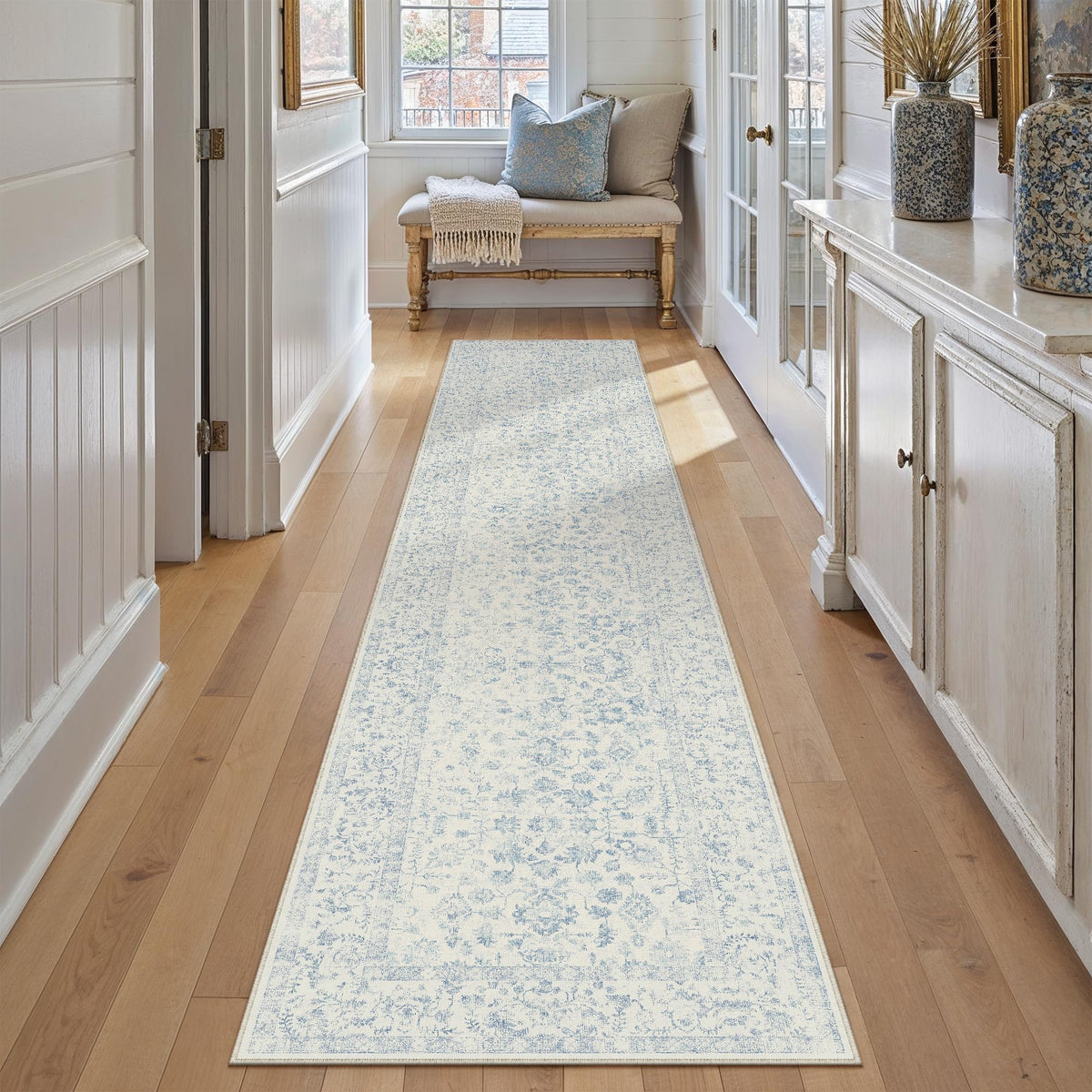 PureCozy 8x10 Blue Area Rug Washable Non Slip Large Vintage Living Room
