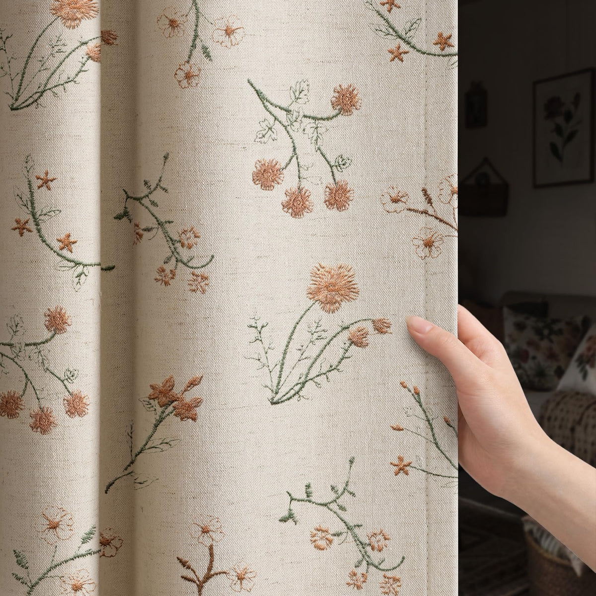 Boho Floral Light Filtering Curtains 84 Inch 2 Panels Linen Texture