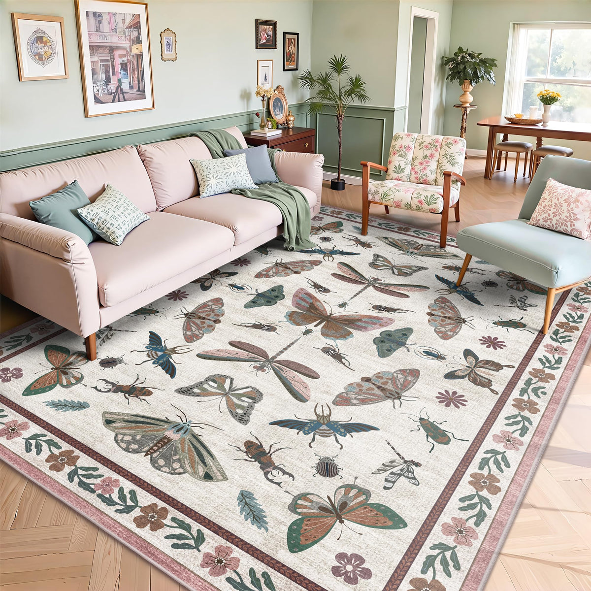 8x10 Area Rugs, Machine Washable Low Pile Floral Rugs for Living Room, Bedroom, Large Boho Area Rug with Non-Slip Backing for Dining Room(Pink Floral)
