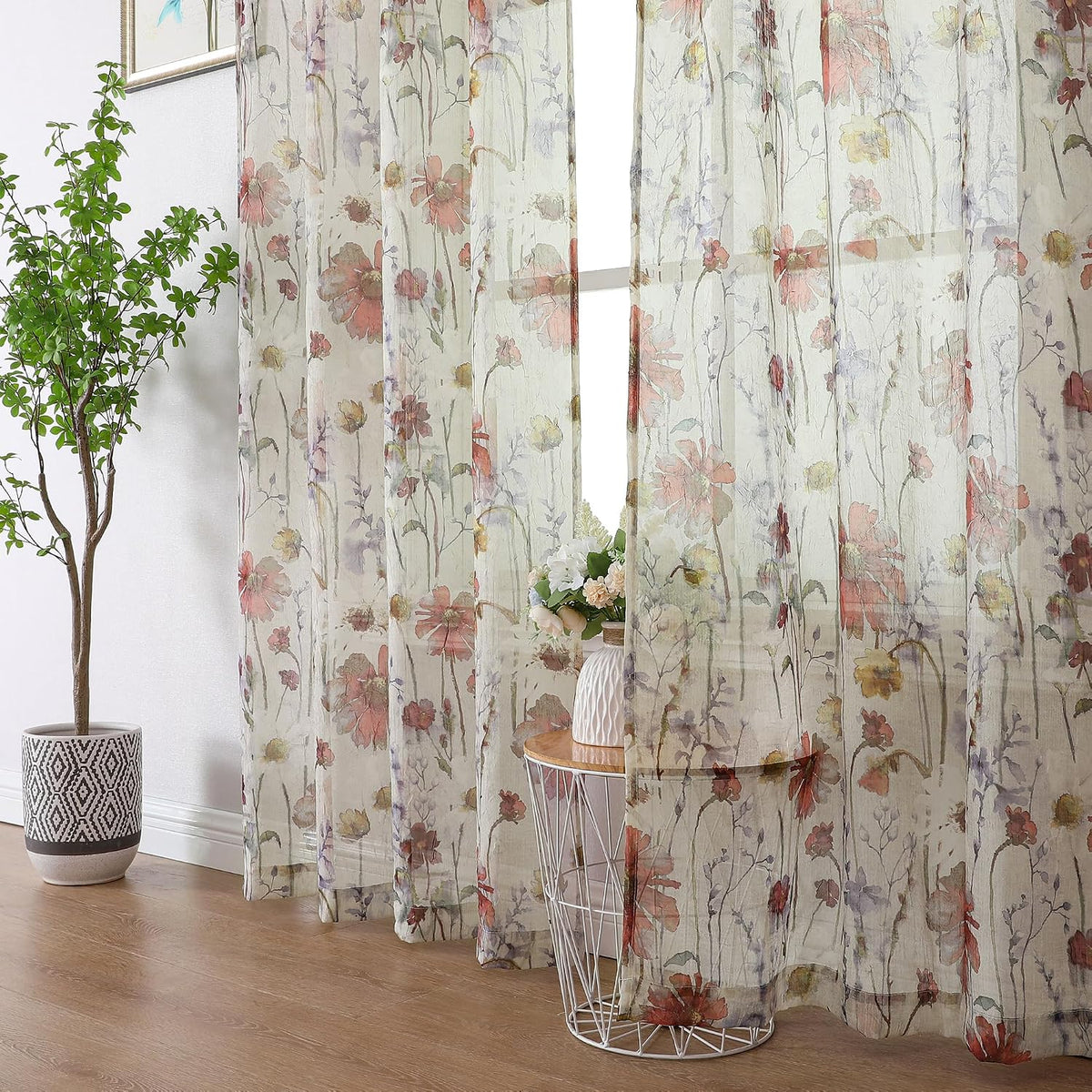 OWENIE Crushed Semi Sheer Curtains 72 Inches Length 2 Panels, Floral Pattern Design Rod Pocket Light Filtering Farmhouse Curtains for Bedroom Living Room, 2 Pieces Total 84 Inch Wide, 72 inch Long