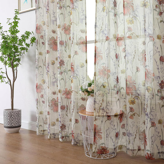 OWENIE Crushed Semi Sheer Curtains 72 Inches Length 2 Panels, Floral Pattern Design Rod Pocket Light Filtering Farmhouse Curtains for Bedroom Living Room, 2 Pieces Total 84 Inch Wide, 72 inch Long