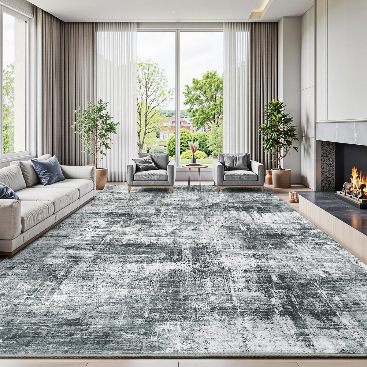 8x10 Area Rug for Living Room, Abstract Washable Non-Slip Large Rugs, Gold