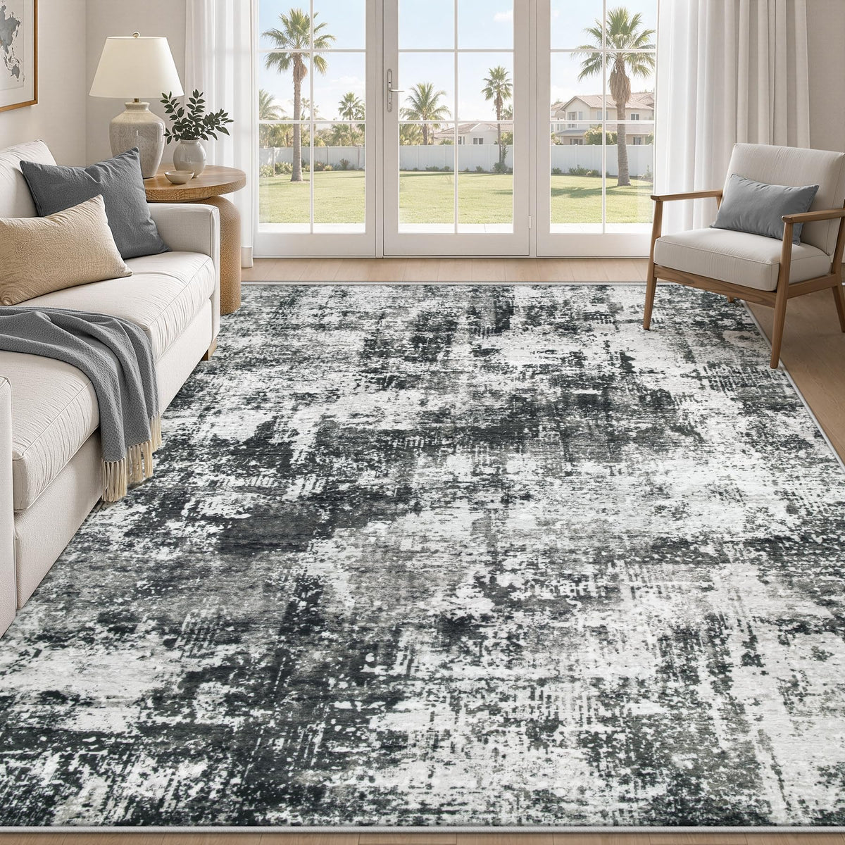 MXSANYOO 8x10 Area Rugs Washable Rug: Abstract Neutral Rugs Modern Non Slip Area Rug Stain Resistant Low Pile Indoor Carpet for Dining Room Bedroom Nursery Office (Black Grey, 8'x10')