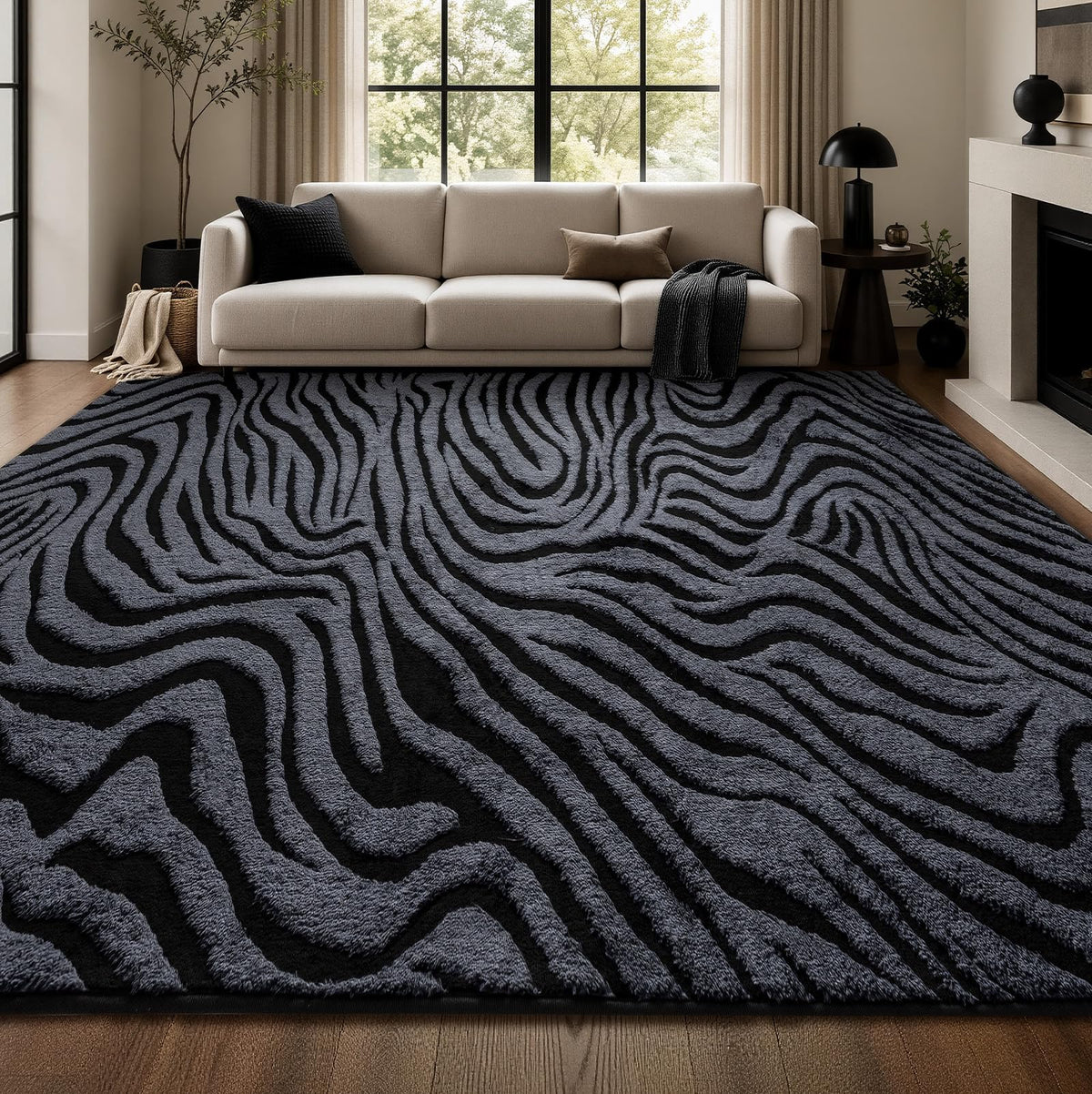 YIHOUSE 5×7 Ft Area Rugs for Living Room: Modern Washable Rug - Abstract Black and Cream White Rug for Bedroom Dining Room Office Playroom Nursery Home Decor - Nonslip Non-Shedding Striped Rugs