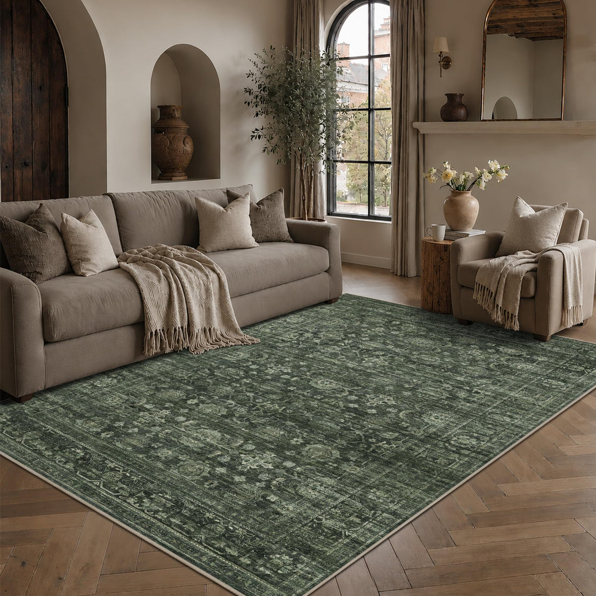 JOOJA 8x10 Beige Vintage Soft Low Pile Boho Neutral Washable Area Rug